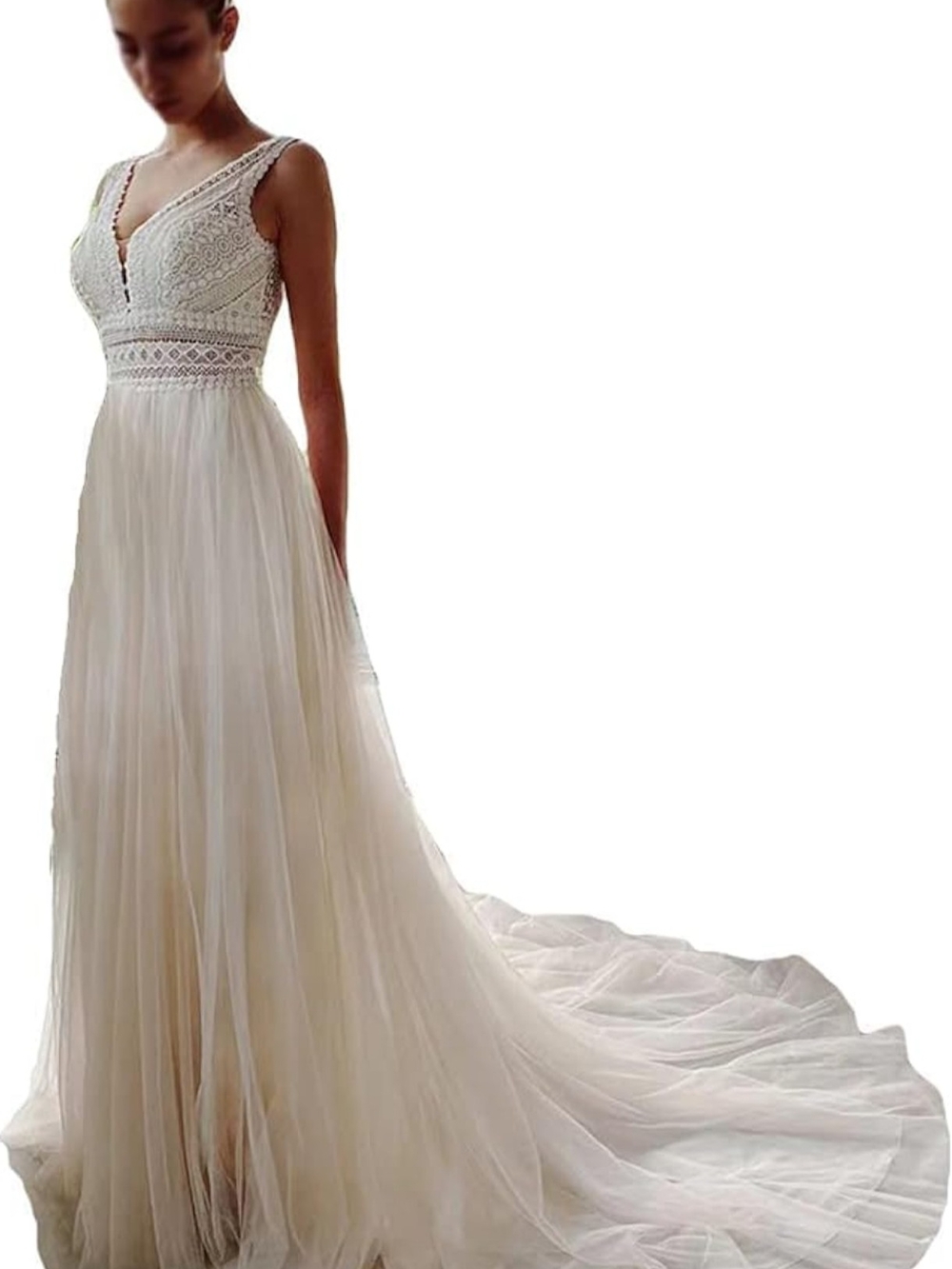 Illusory Lace Bohemia V Neck Layers Tulle A Line Beachy Wedding Gown